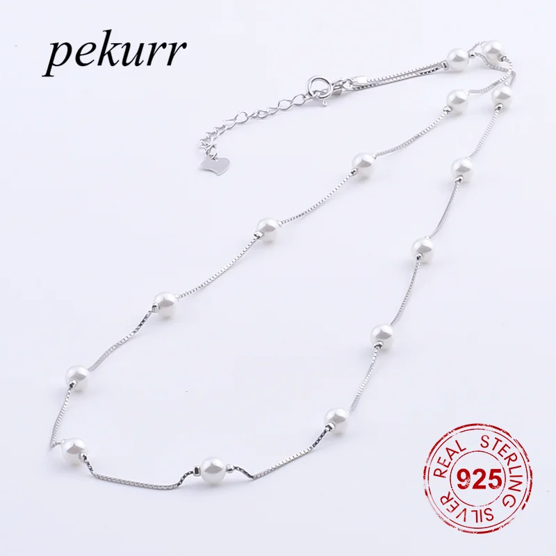 Pekurr 925 Sterling Silver 4.5mm Tiny Shell Pearl Necklaces For Women
