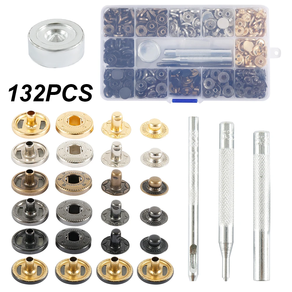 132pcs Leather Snap Fasteners Kit 6 Colors Metal Snap Buttons Press Studs 4 Pieces Fixing Tools Storage Box for DIY Supplies