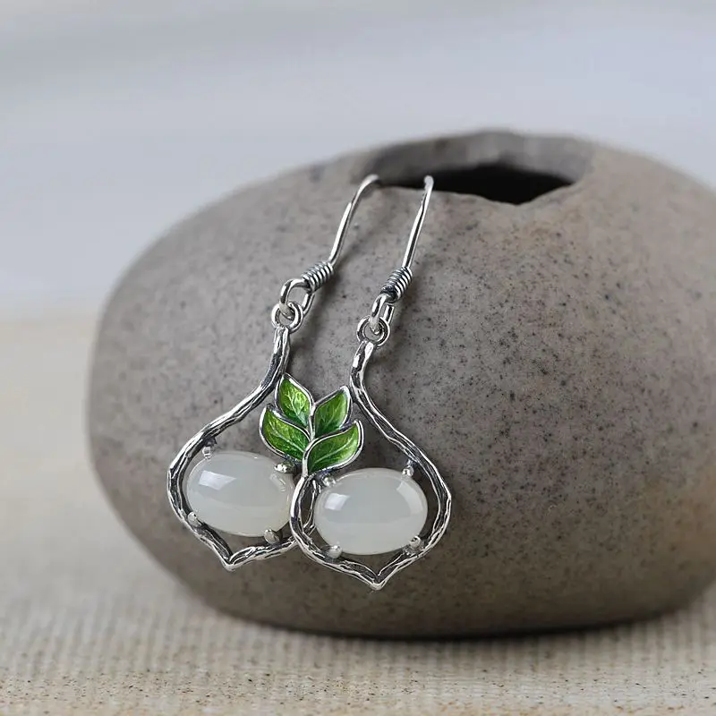 FNJ jade Jasper, серьги в виде листьев, 925 серебро,, Чистое Серебро S925 пробы, серьги-гвоздики, Женские Ювелирные изделия