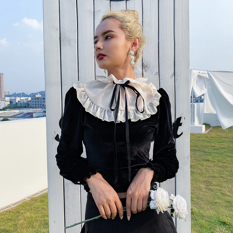 Rapwriter Elegant Runched Patchwork Mesh Lace-up Velvet T-Shirts Women Autumn Streetwear Long Sleeve Fitted Waist Tee Shirt