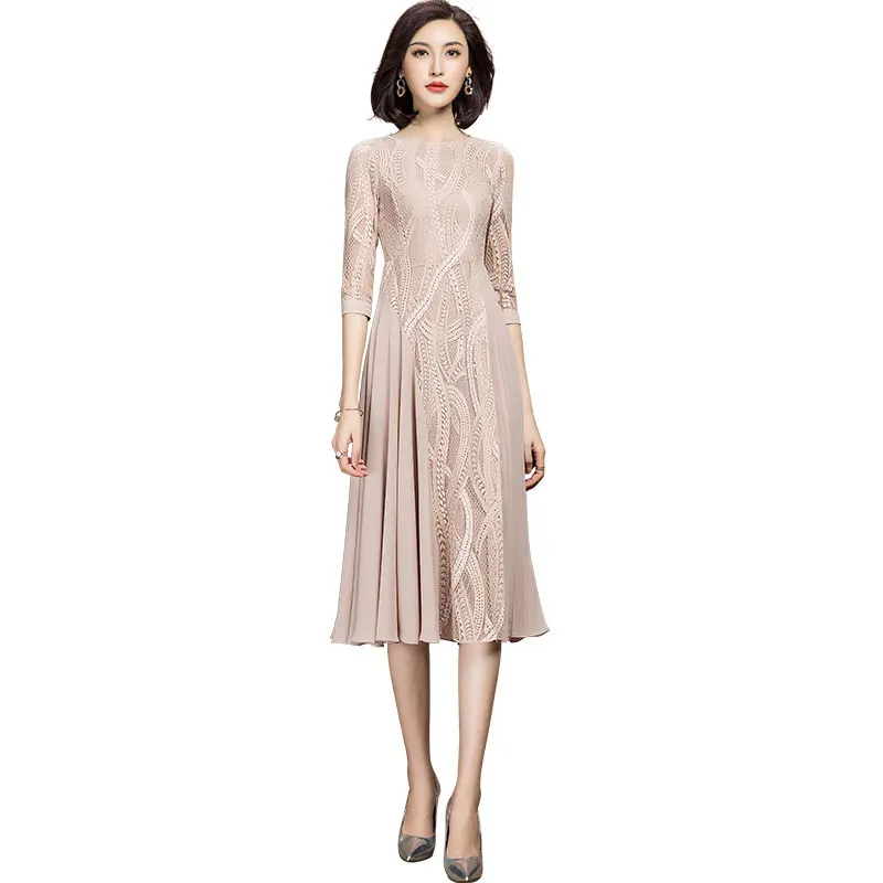 2021 primavera casual o pescoço três quartos vestido de renda floral para mulher