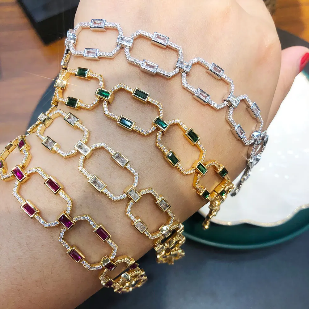 Brand Luxury Square Link Chain Bracelets Bangles Cubic Zircon CZ Vintage Bohemian Cuff Bracelets For Women Femme Fashion Jewelry