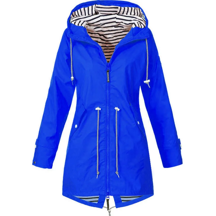 Plus Size S-5XL Women Long Sleeve Hooded Wind Jacket Outdoor Waterproof Raincoat 