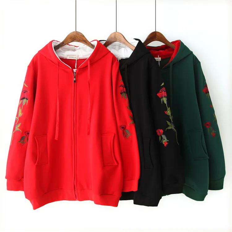Blvyisla 5XL плюс размер толстовки женские толстые флисовые теплые пальто вышитые цветочные оверсайз молния вверх топы толстовки