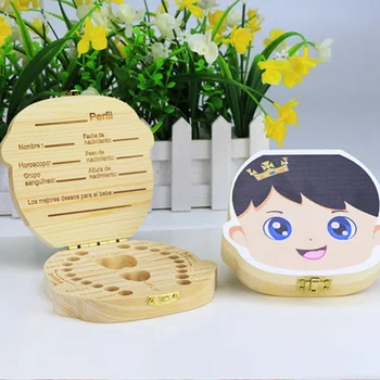 

English/Spanish/Russian/German/French Wooden Baby Teeth Box Organizer Milk Teeth Lanugo Save Storage Souvenirs Gifts
