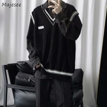 

2021New Sweater Vest Men V-neck Patchwork Loose All-match Streetwear Sleeveless Sweaters Mens Chic Korean Style Teens Couples
