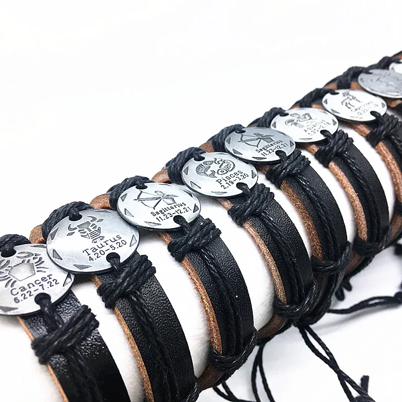 MixMax 12pcs/lot Mix 12 constellations Handmade Cuff Leather Bracelets for Men Women Bangles Wristbands Wholesale dropshipping 6
