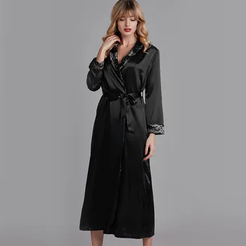 

Female Kimono Gown Sleepwear Spring New Satin Robe Nightgown Sexy Lace Intimate Lingerie Nightwear Full Sleeve Home Clothes
