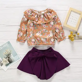 

2019 Autumn Baby Girls Cotton Long Sleeve Floral Top and Purple dress with bow 2PC Clothes set for Kids 1-4T Clothes