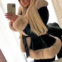 2022 New Women's Winter Leather Jacket Stitching Faux Fur Collar Cuff Coat Belt Slim Elegant Warm Thick Overcoat Female 