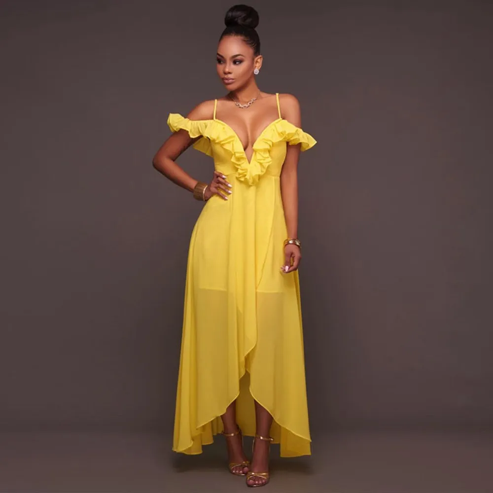 

Nice Summer Women Fashion Off Shoulder Long Dresses Bohemian Sexy Yellow Ruffles Party Dress Solid Deep V Neck Beach Dress