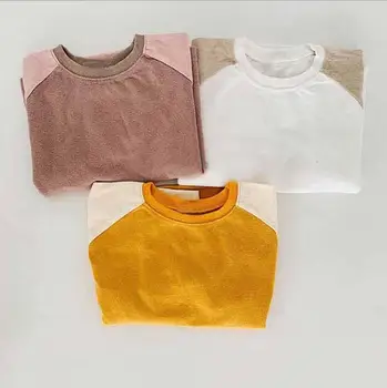 

2020 new girls boys patchwork t-shirt spring full sleeve cotton soft fashion kids top 1-7t HJ740