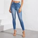 ROMWE синие потертые узкие джинсы с манжетами, женские повседневные джинсы, весна-осень, одежда для женщин, однотонные джинсы с высокой талией