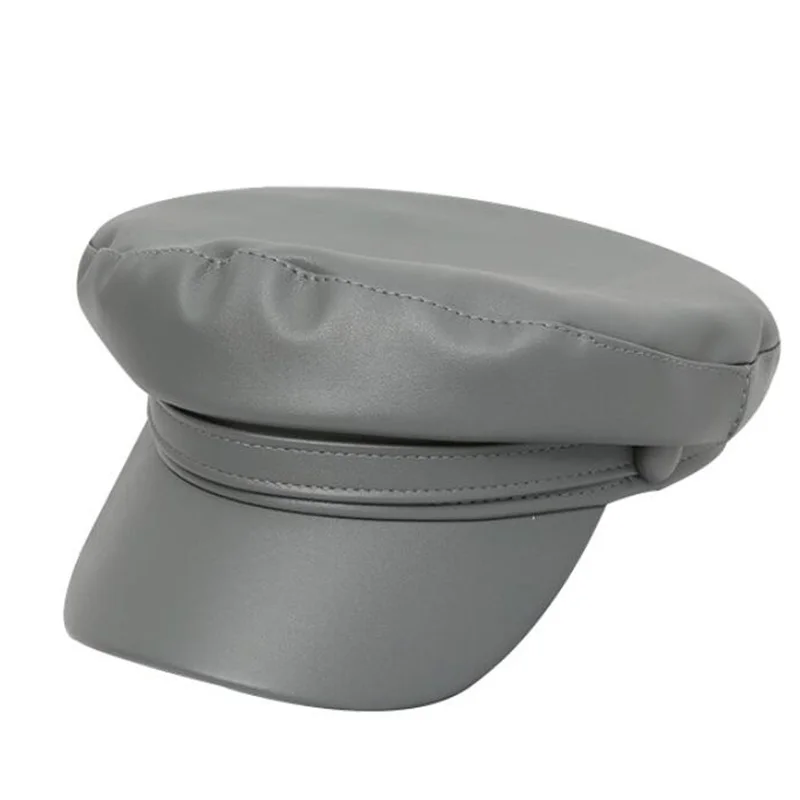  - 2021 Fashion Unisex Leather Berets Spring Autumn Sailor Hats for Women Men Black Grey Flat Top Captain Cap Travel Cadet Hat
