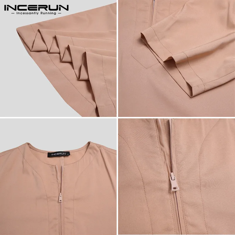 Mens Solid Color Robes Saudi Style Zipper Jubba Thobe Man Vintage Short Sleeve O Neck Muslim Arabic Islamic Clothing 5XL INCERUN muslim robe