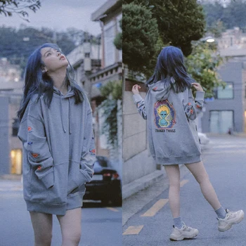 

Iu Li Zhien Same Money Mvlovepoem Korean Style Top Loose Lian Cap Long Sleeve Printing Pocket Grey Sweater Coat