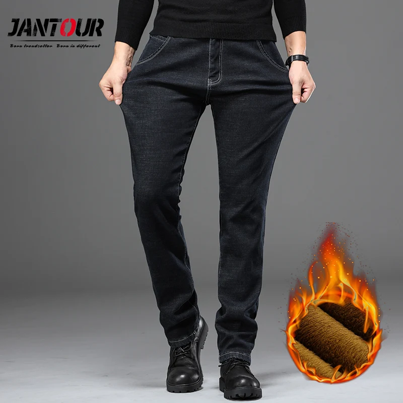 

Jantour Men Warm Jeans High Quality Brand Autumn Winter Jeans Thicken cotton Fleece Men Jean Long Trouser big size 40 42 44 46