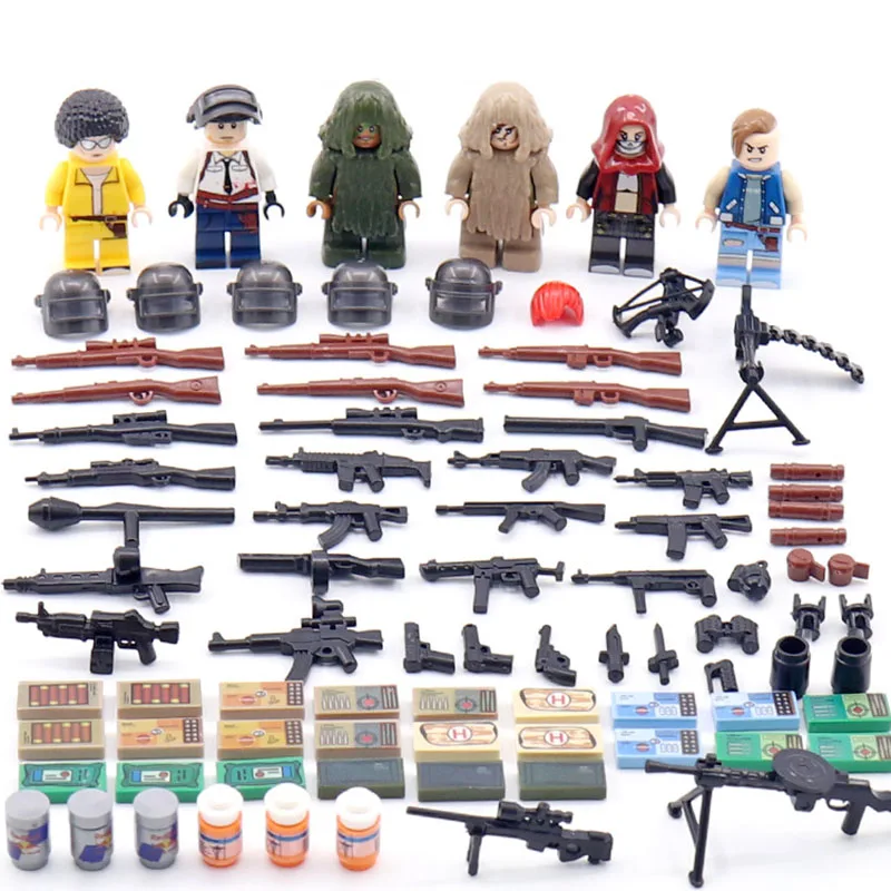  6Pcs Legoinglys PUBG Military Figures with Weapons block Swat battleground FPS Game Building Brick 