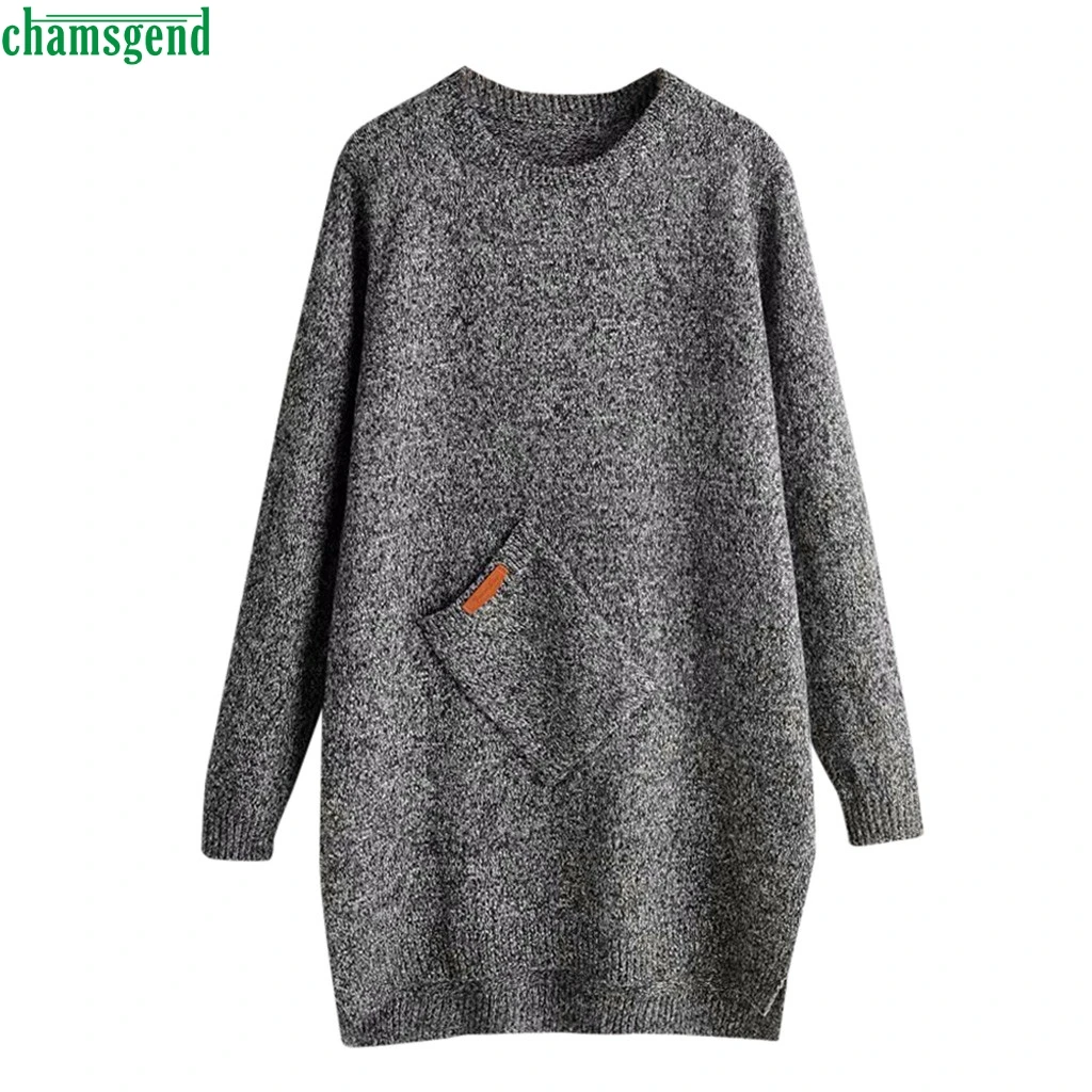 

Chamsgend Ladies Pocket Dress Solid Color Long Sleeve Round Neck Loose Mid Long Slant Sweater Sexy Dress Warm Vestido De Mujer