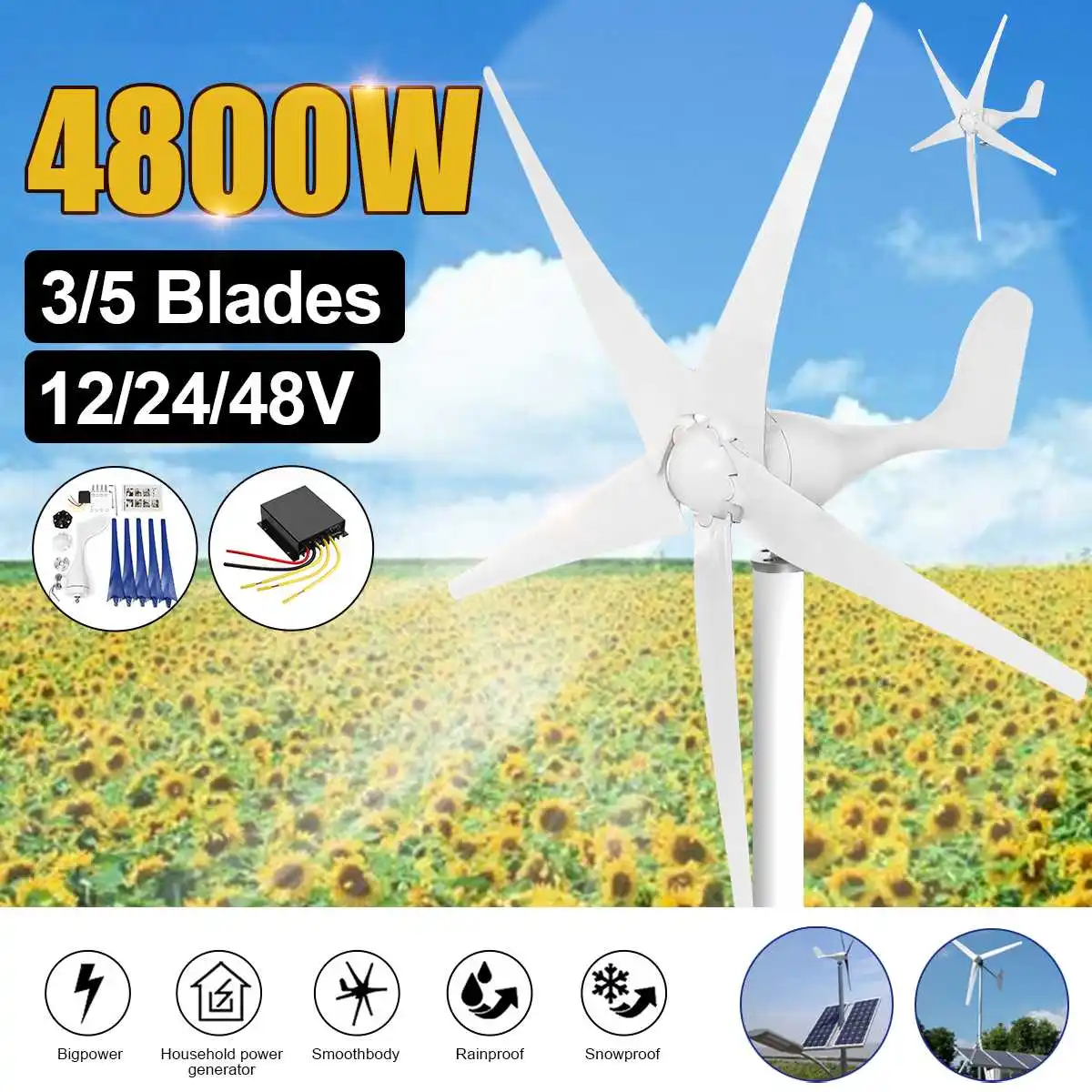 

12/24/48V Wind Power Turbines Generator 4800W 3/5 Wind Blades Option With Charge Controller Fit for Home Camping Streetlight