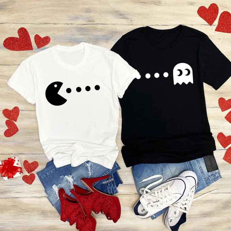 Precio bajo Camisetas para parejas divertidas de Pacman, camisa de San Valentín de algodón de manga corta a juego, regalo de aniversario Myw5e3DAqYk