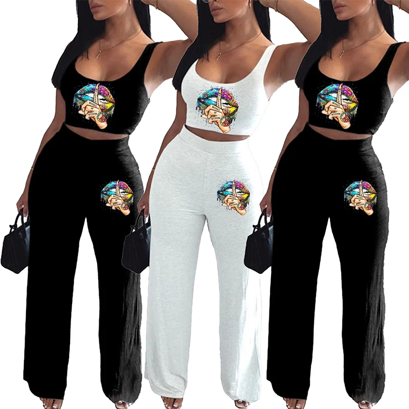 

New Arrival Autumn Women Suit Hot Style Solid-color Letter Lip Print Sleeveless Tank Tops & Straight Trousers Casual 2 Piece Set