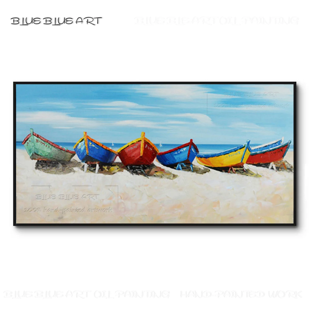 

Special Wall Art Hand-painted High Quality Blue Ocean Hawaii Beach Oil Painting on Canvas Colorful Boats on Beach Oil Painting