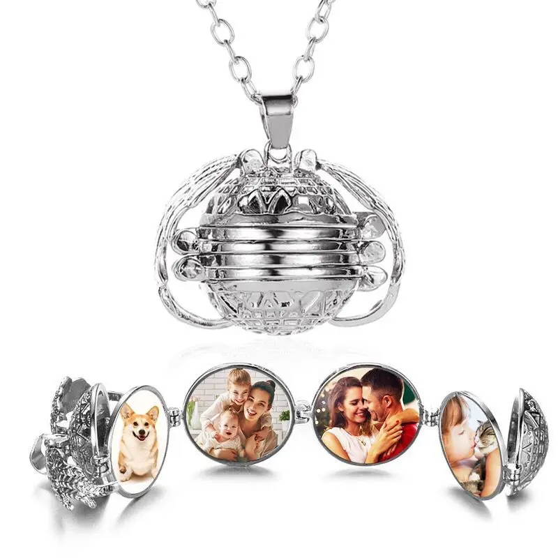 

European and American magic 4 photo pendant memory floating locket necklace angel wings flash box fashion album box necklace