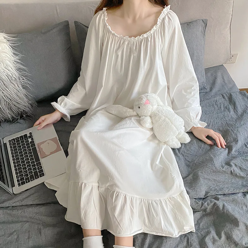 

Fdfklak Loose Nightgowns For Women Dress Cotton Mesh Long Nightdress Long Sleeve Home Wear Clothes Ladie's Sleepwear Nightshirt