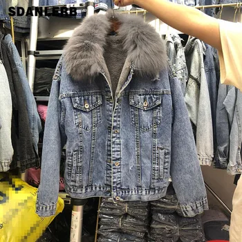 

Autumn Winter Coat Women New Loose Furry Thickened Short Real Hair Collar Jeans Coat Thickened Warm Coats Casaco Feminino
