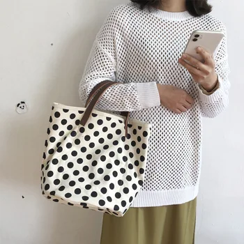 

2020 Women Handbags Casual Canvas Tote Female Students Bags Cotton Cloth Lady Bag Wave Point Vintage Fashion Open Bag for Woman