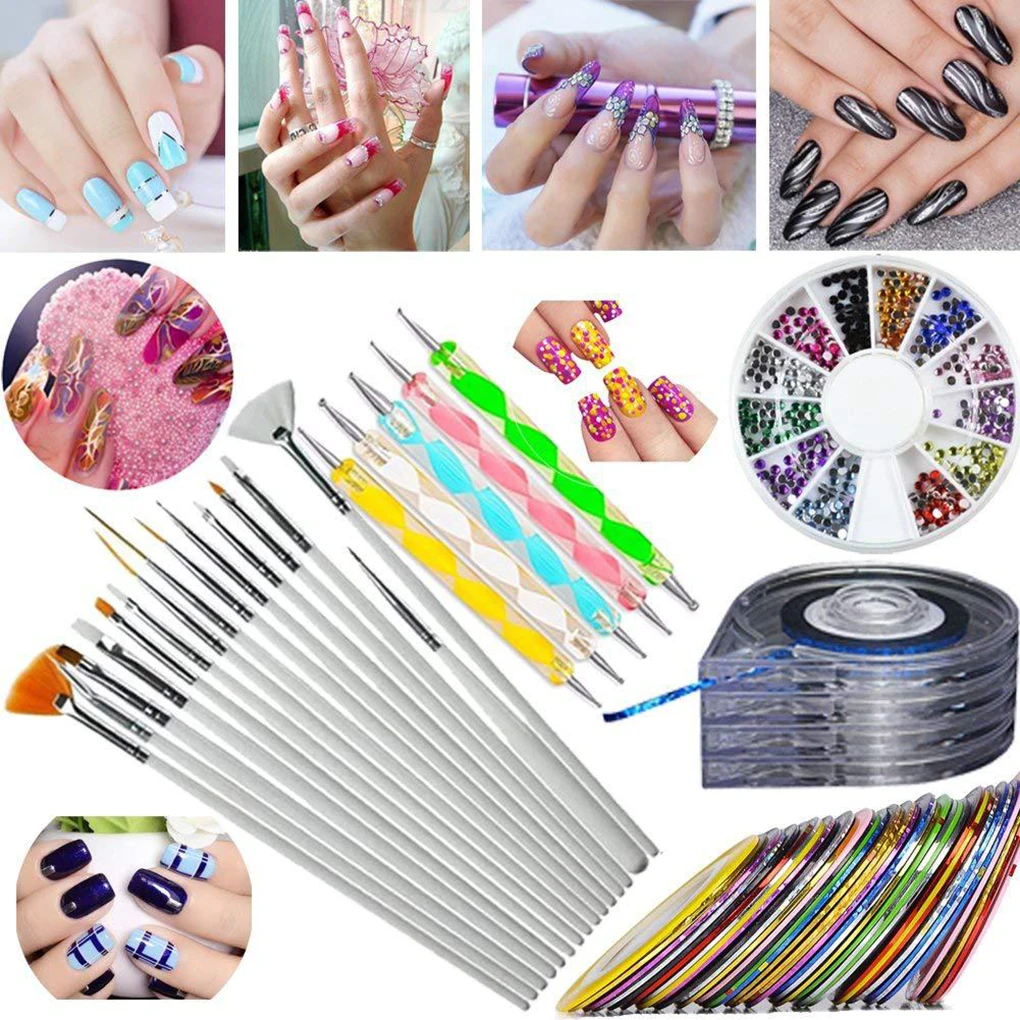 Набор кисточек для ногтей, набор ручек для украшения ногтей, лента для чередования, 12 цветов, стразы, набор паллет, принадлежности для маникюра