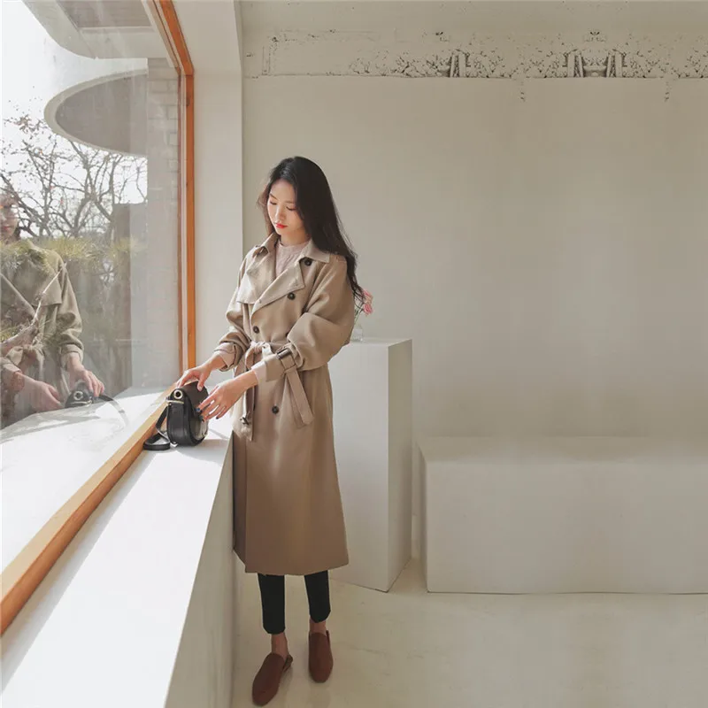 Осенняя одежда, Южная Корея, Dongdaemun, высший сорт, хлопок, лен, женское платье, английский плащ, Женское пальто цвета хаки