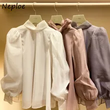 Chiffon Shirt Puff-Sleeve Women Blouse Blusas Chic-Bow Neploe Japan-Style New Sweet-Stand-Collar