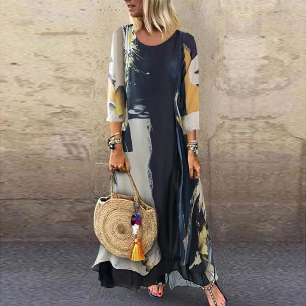 

Women Bohemian Floral Long Dress Autumn Winter 2019 Casual VIntage Party Sundress Ladies Long Sleeve O Neck Work Vestidos