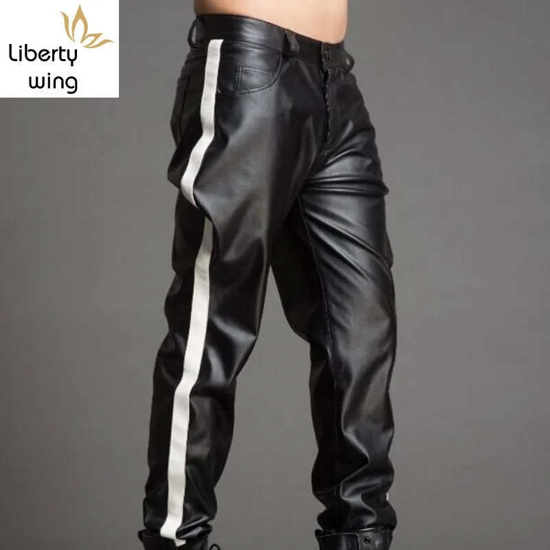 

High Quality Luxury Mens Black Pu Leather Male Casual Loose Fit Trousers Streetwear Motorcycle Pants Plus Size