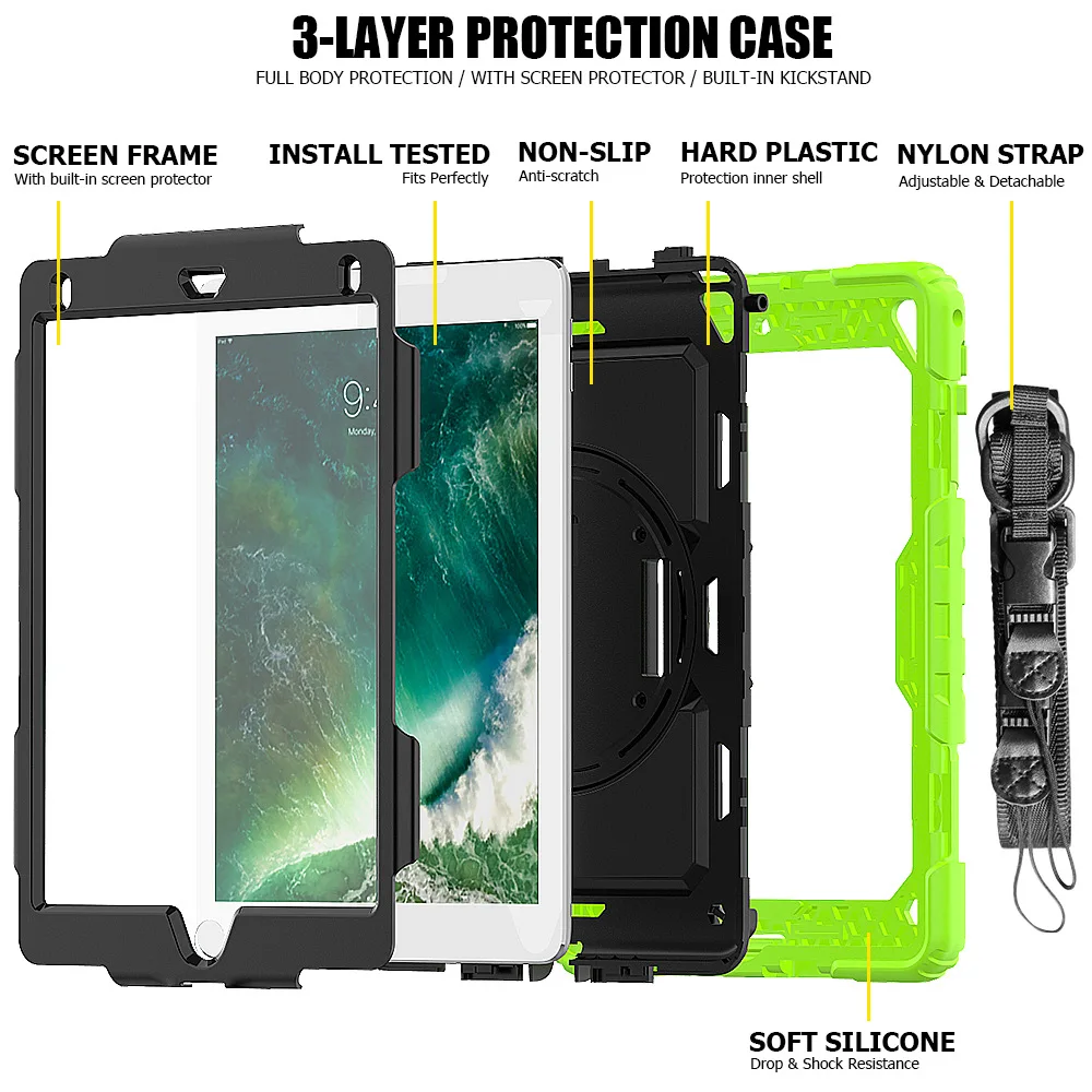 Case for Apple iPad 9.7 6th generation Tablet Kids Safe Shockproof Armor Cover Hand Strap Neck Strap for Air 2 Pro 9.7