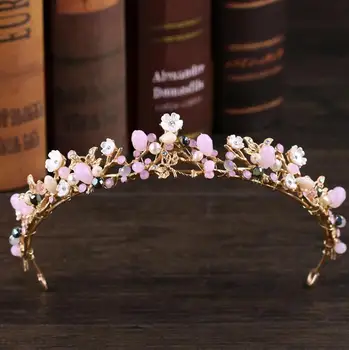 

Fashion Pink Rhinestone Flower Wedding Crown Bride Imitation Pearl Water Drill Alloy Headbands Wedding Dress Accessories
