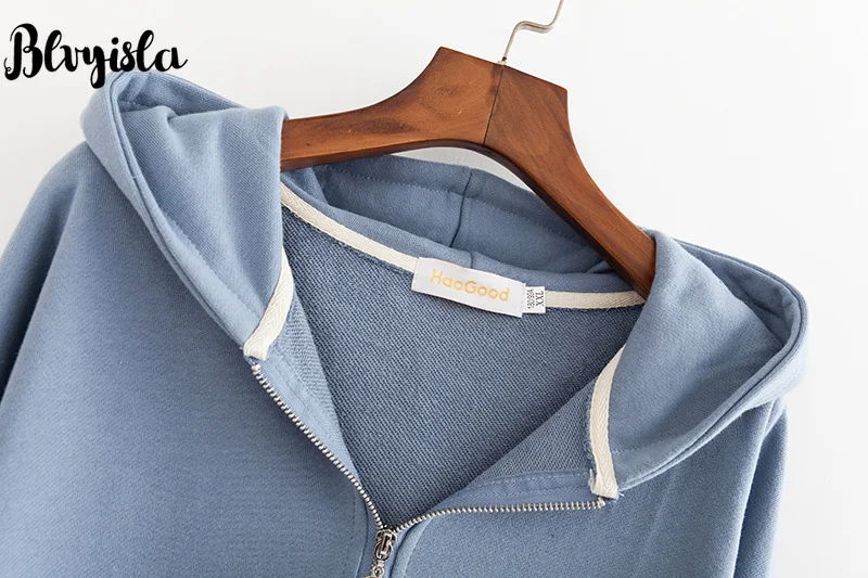  Blvyisla 4XL Oversize Cotton Solid Color Zipper Up Sweatshirts Female Pocket Hoodies Tracksuit Tops