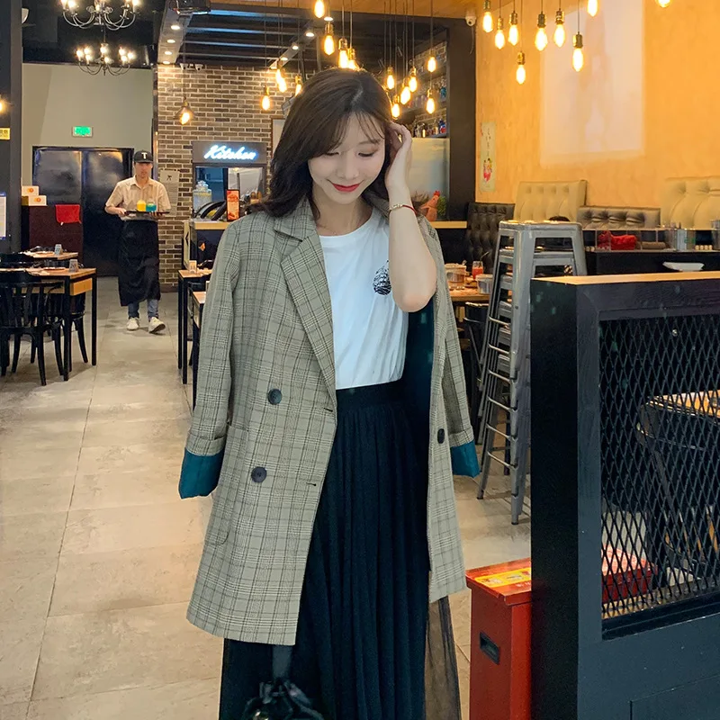 

2019 autumn long women's blazer Large size high quality fashion long sleeve suit jacket girl Lady office plaid suit female