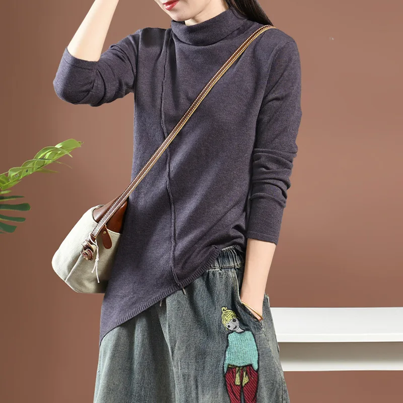 Autumn Winter T-shirt Women Knitting Slim-type Irregular Pullovers Tops Turtleneck Spliced New Ladies Casual All-match Tops