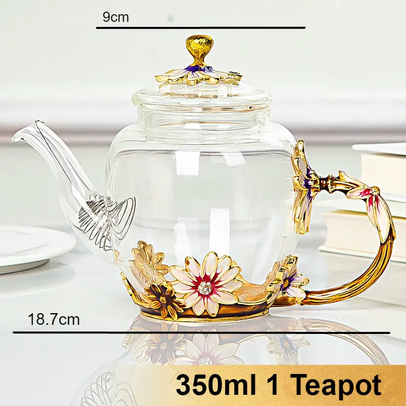 Beautiful Enamel Crystal Tea set daisy Glass Teapot for Hot and Cold Drinks Home Drinkware Office kettle Teaware set coffee pot