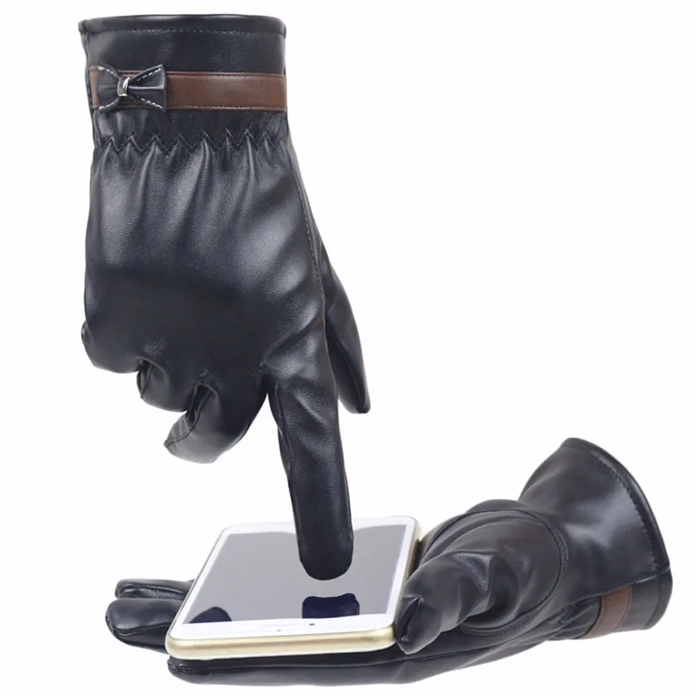 Женские кожаные перчатки с бантом и сенсорным экраном, модные зимние теплые кожаные перчатки для вождения, перчатки с мягкой подкладкой, велосипедные ветрозащитные перчатки
