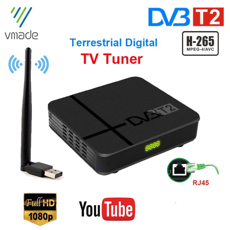 DVB T2 наземные цифровые приемники с портом RJ45 H.265 HD ТВ тюнер поддержкой порта Youtube