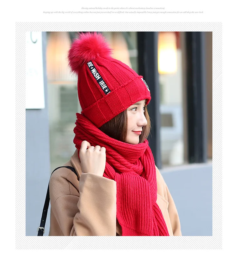 Новые модные зимние шляпы для женщин вязаный длинный шарф шаль дамы милые бини с помпоном Толстая теплая шапка и аксессуары для шарфа 2/комплект