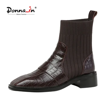 

Donna-in Genuine Leather Knitting Square Toe British Style Short Boots Autumn and Winter Fashion Women's Stretch Boots