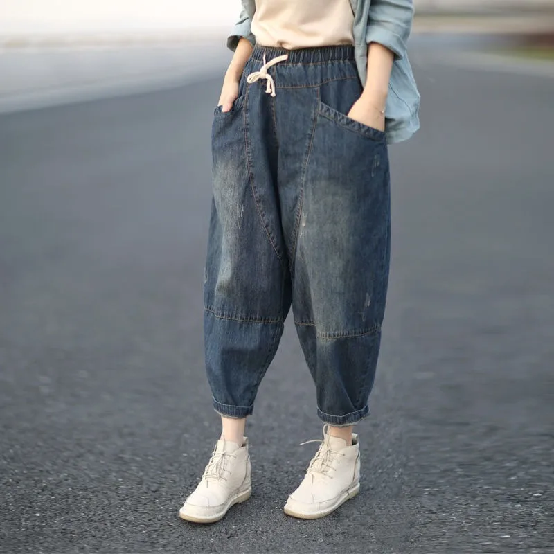 Ladies Jeans Mom Jeans Large Size Carrot Pants Washed Stitching Elastic Waist Frayed Harem Pants Boyfriend Pants spring and autumn new jeans women s high waist ladies harem pants large size loose nine points carrot pants women s pants