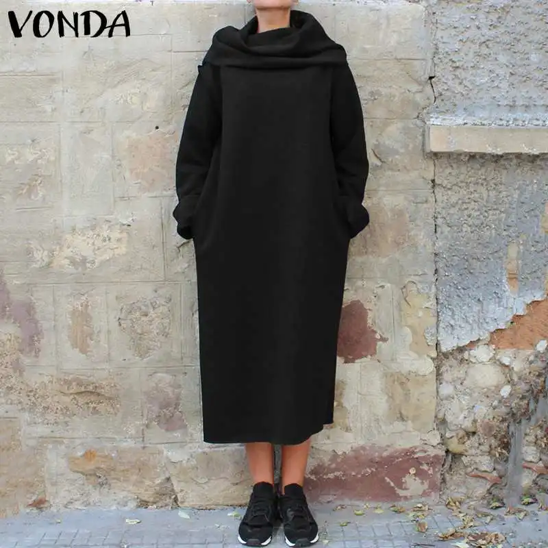 

VONDA Women Fashion Hoodie Dress Winter Solid Color Casual Long Beach Dresses Autumn Long Sleeve Vestidos Plus Size Streetwear