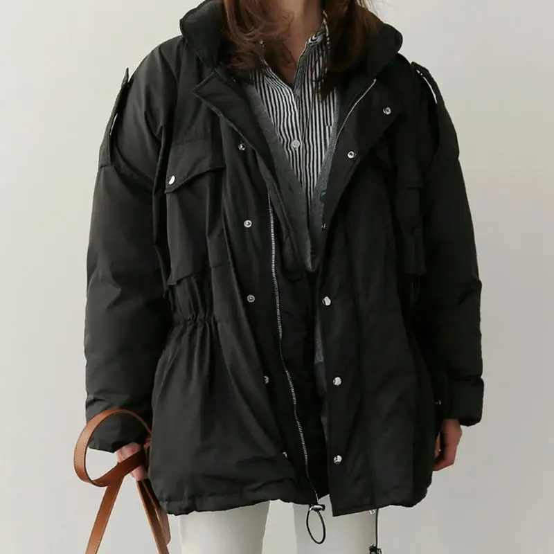 Getвесеннее женское пальто с воротником-стойкой и шнуровкой, утолщенное короткое зимнее женское пальто черного и абрикосового цветов, винтажное универсальное пальто, новинка - Цвет: Black