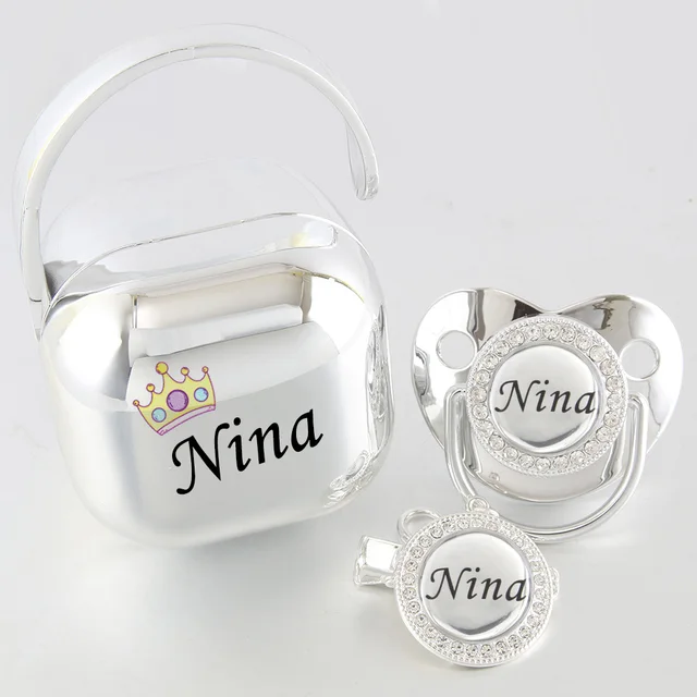 Customized Any Name Photo Bling Silver Baby Pacifier Clip Pacifier Box Set BPA Free Infant Nipple Luxury Pacifier Case Chupeta